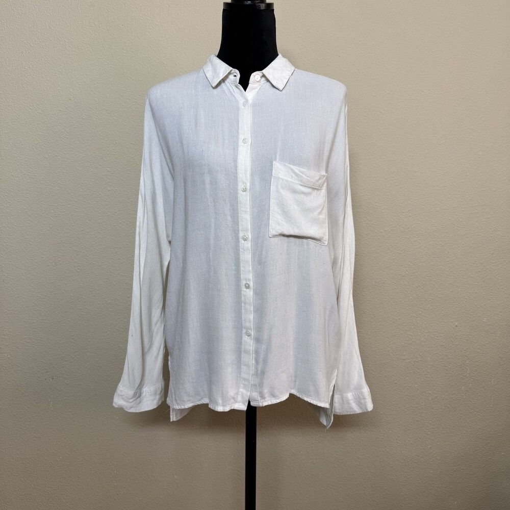 Carly Jean Top women small linen blend button down long sleeve collared white